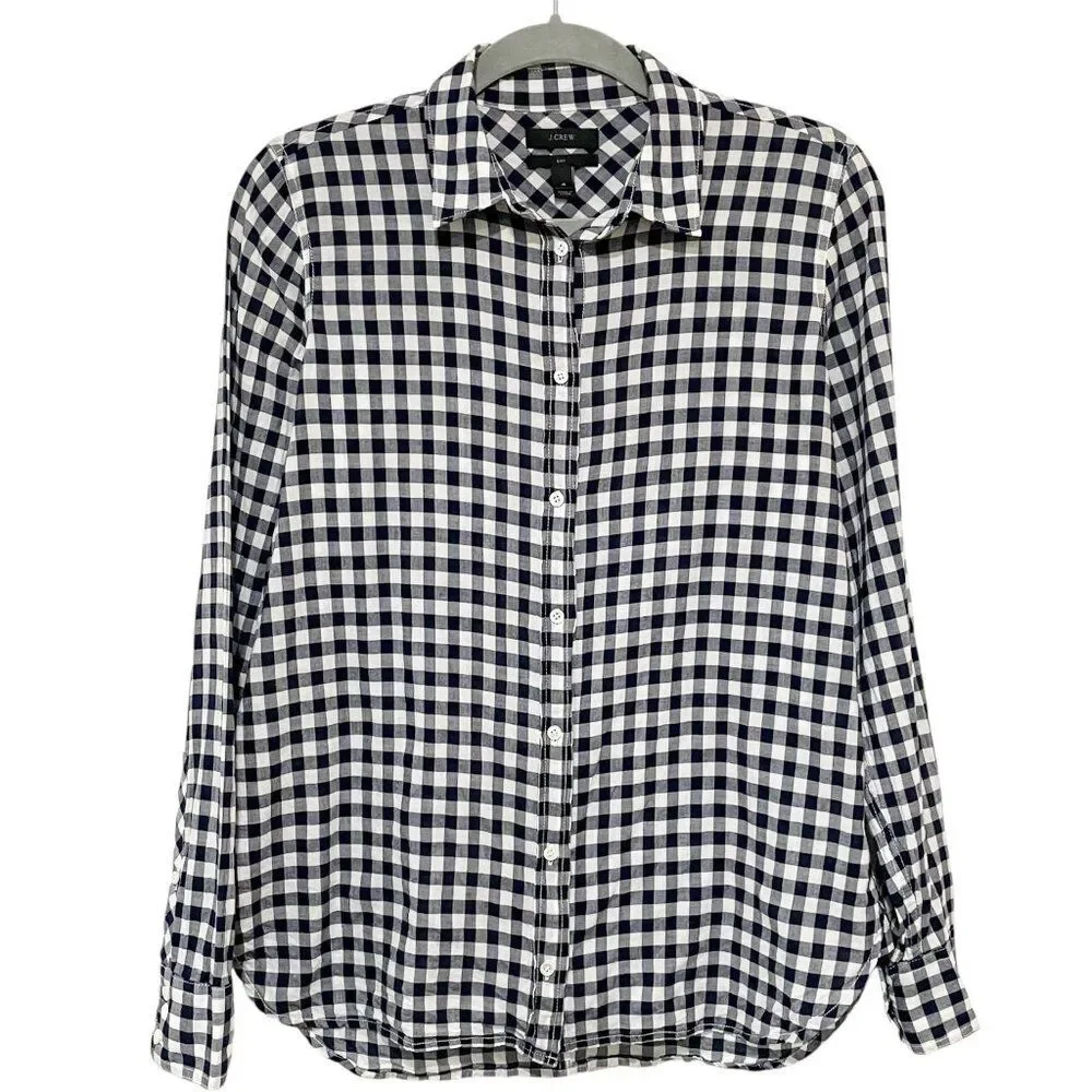 J.Crew White & Navy Plaid Gingham Long Sleeve Button Down 'Boy' Shirt Preppy